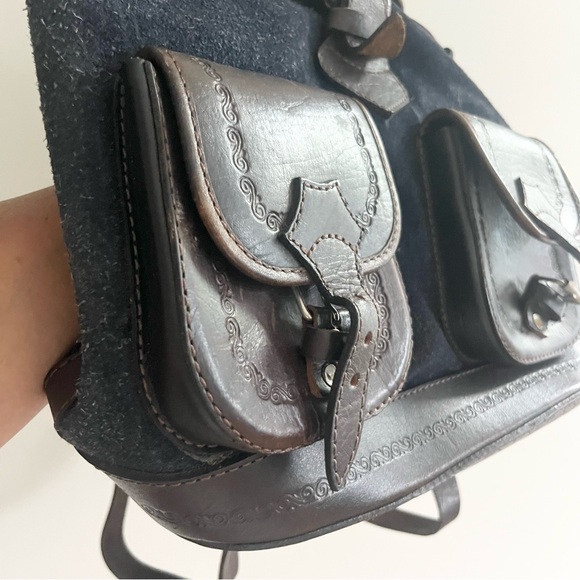 Vintage Tooled Leather Suede Woven Backpack Boho Vintage Rucksack Mochata 90's - Picture 11 of 11